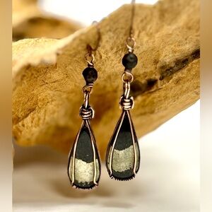 HAND CRAFTED Apache Gold Black Lava Wire Wrapped Copper Dangle Earrings